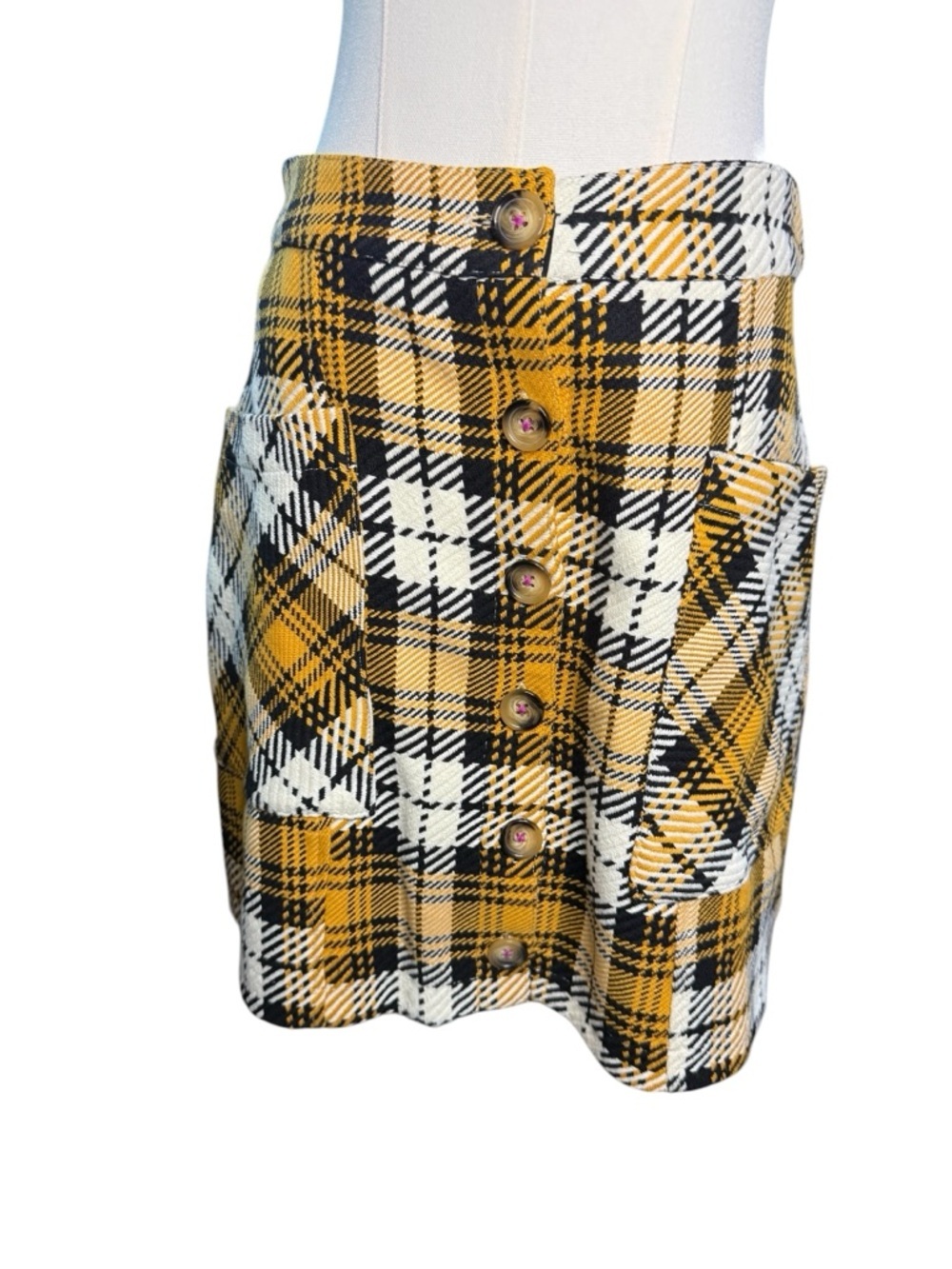 Maeve x Anthropologie Button-Front Plaid Mini Skirt - Mustard Black Cream Sz 6